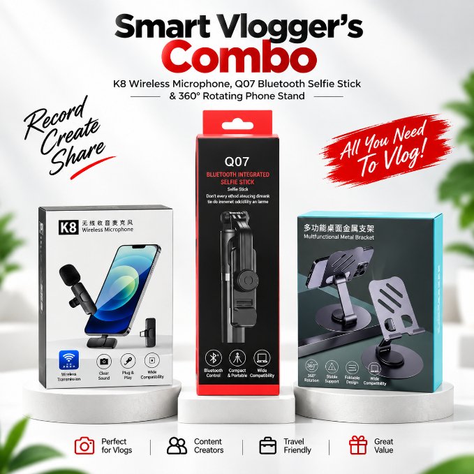 Smart Vlogger’s Combo – K8 Wireless Lavalier Microphone, Q07 Bluetooth Selfie Stick Tripod & 360° Rotating Phone & Tablet Stand for Content Creators