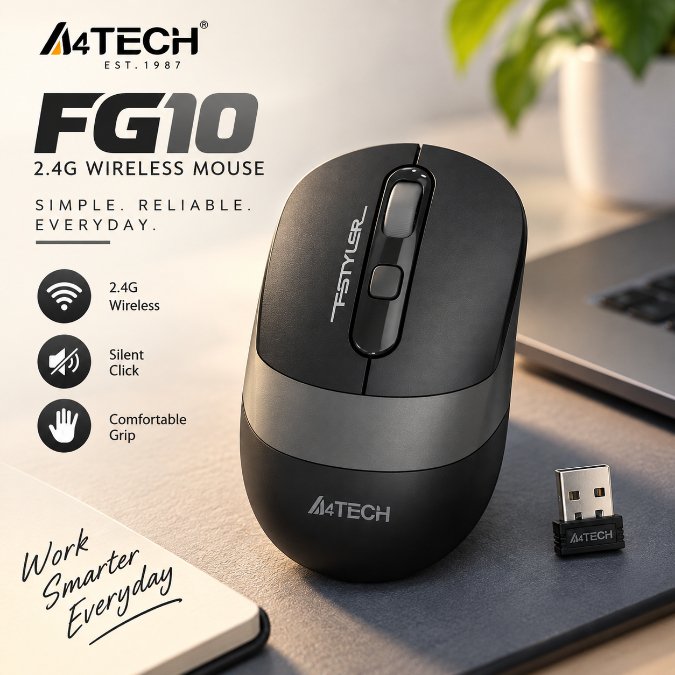 A4Tech FG10 2.4GHz Wireless Optical Mouse – Silent Click, Ergonomic Symmetric Design, 10-15M Range, Nano USB Receiver & Long Battery Life