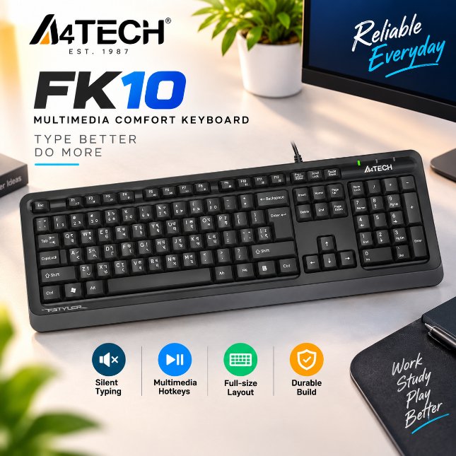 A4Tech FK10 Multimedia Comfort Keyboard – Sleek Round-Square Keycaps, 12 Hotkeys, Laser-Engraved Characters & Spill-Resistant Wired USB Keyboard