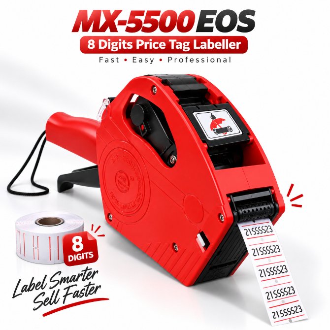 MX-5500 EOS 8 Digits Price Tag Labeller – Manual Pricing Gun Machine with 21x12mm Labels & Ink Roller for Retail Store, Supershop & Business