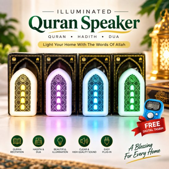 Exclusive Plug-In Illuminated Quran & Hadith Speaker with Counter – 220V Direct Wall Socket Islamic Audio Device Featuring 64 Surahs, Ruqyah, Zikir, Adjustable Volume & Night Dream Light for Home Blessings