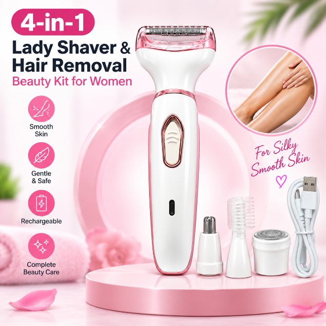 4-in-1 Rechargeable Lady Shaver & Hair Removal Beauty Kit – Painless Electric Razor, Eyebrow, Nose & Body Hair Trimmer with USB Charging & Portable Rose Gold Design