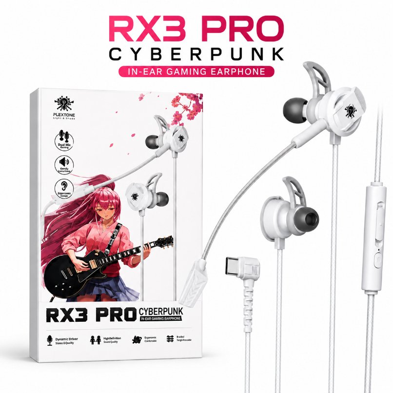 Plextone RX3 Pro Cyberpunk In-Ear Gaming Earphone – Wired Headset with Dual Microphones, Dynamic Driver Stereo Sound, Ergonomic Comfortable Fit & Tangle-Free Braided Cable