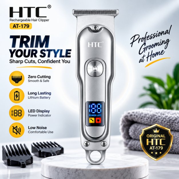Original HTC AT-179 Rechargeable Hair Clipper & Beard Trimmer for Men – Cordless Grooming Kit with Stainless-Steel Blades, Adjustable Settings & Portable Design