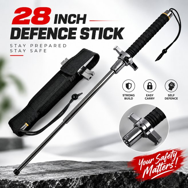 28 Inch Expandable Defence Stick – Heavy Duty Hardened Steel Tactical Baton with Glass Breaker Tip & Anti-Slip Rubber Grip for Personal Safety