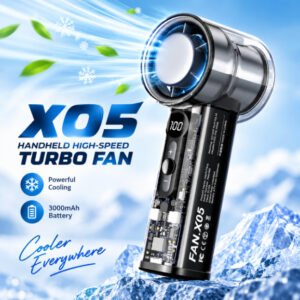 X05 Handheld High-Speed Turbo Cooling Fan – 3000mAh Battery, Ice Cooling Technology, 1-100 Stepless Speed Control, Digital LED Display & Transparent Design