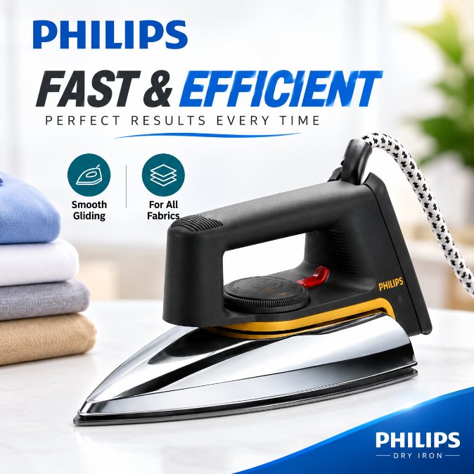 Philips HD1172 Dry Iron 1000W – Lightweight Non-Stick Linished Soleplate, Pointed Slim Tip & Button Groove for Smooth, Fast Ironing