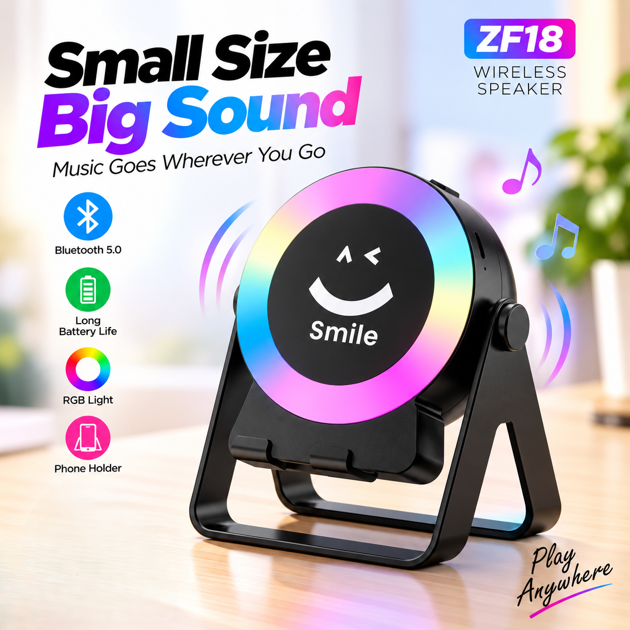 ZF18 2-in-1 Sensor Bluetooth Speaker & Foldable Mobile Holder – 360-Degree Rotating Phone Stand with RGB LED Light, Powerful Bass & Rechargeable Battery