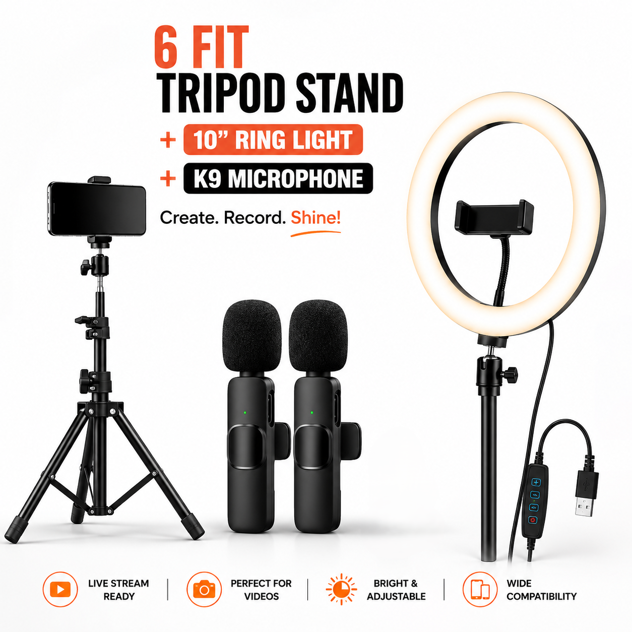 6 Ft Tripod Stand, 10″ LED Ring Light & K9 Wireless Microphone Combo – Professional Content Creation Kit with Ultra-Low Latency, 20m Range & Adjustable Light Stand